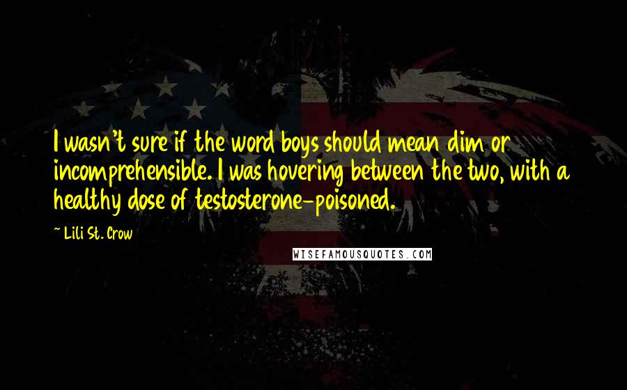 Lili St. Crow Quotes: I wasn't sure if the word boys should mean dim or incomprehensible. I was hovering between the two, with a healthy dose of testosterone-poisoned.