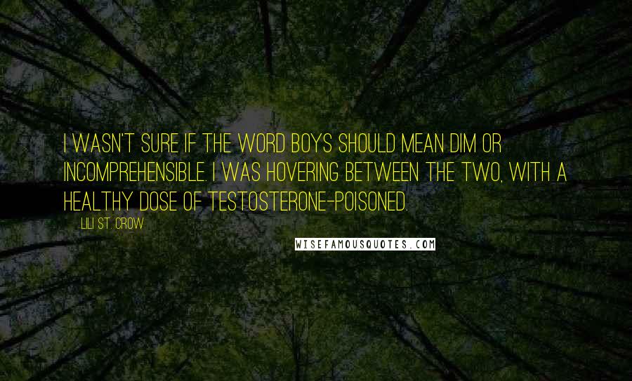Lili St. Crow Quotes: I wasn't sure if the word boys should mean dim or incomprehensible. I was hovering between the two, with a healthy dose of testosterone-poisoned.