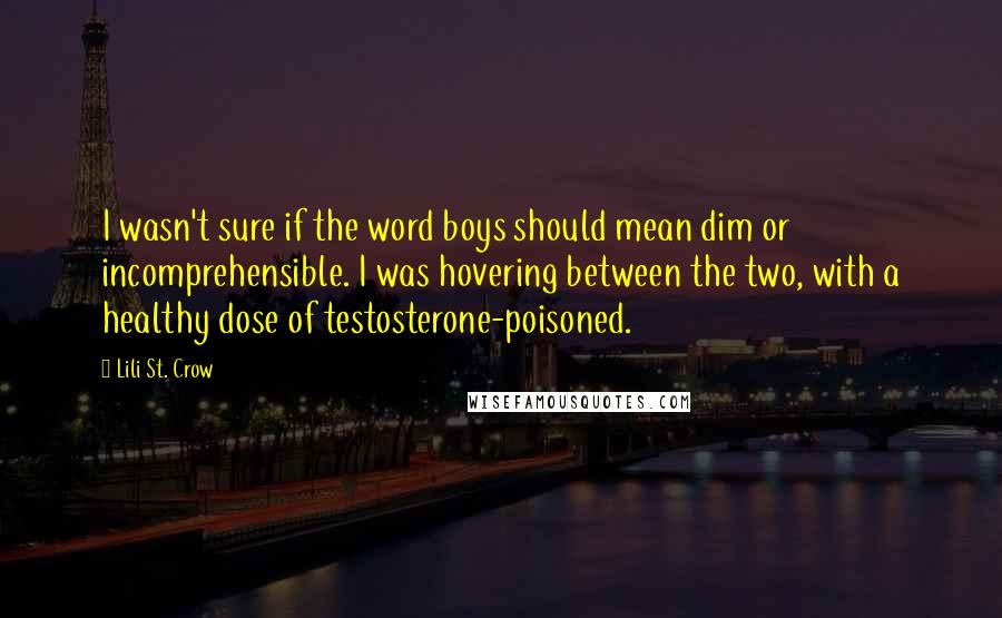 Lili St. Crow Quotes: I wasn't sure if the word boys should mean dim or incomprehensible. I was hovering between the two, with a healthy dose of testosterone-poisoned.