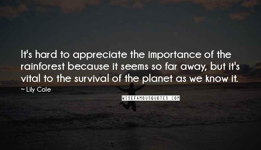 Lily Cole Quotes: It's hard to appreciate the importance of the rainforest because it seems so far away, but it's vital to the survival of the planet as we know it.