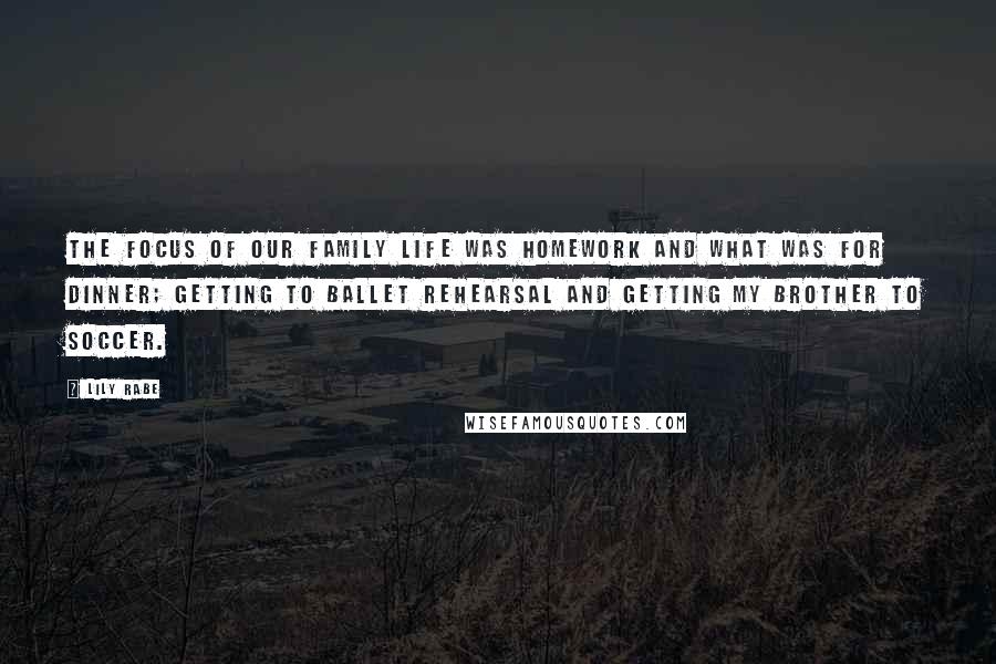 Lily Rabe Quotes: The focus of our family life was homework and what was for dinner; getting to ballet rehearsal and getting my brother to soccer.