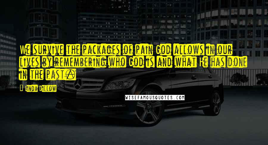 Linda Dillow Quotes: We survive the packages of pain God allows in our lives by remembering who God is and what He has done in the past.