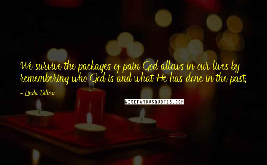 Linda Dillow Quotes: We survive the packages of pain God allows in our lives by remembering who God is and what He has done in the past.