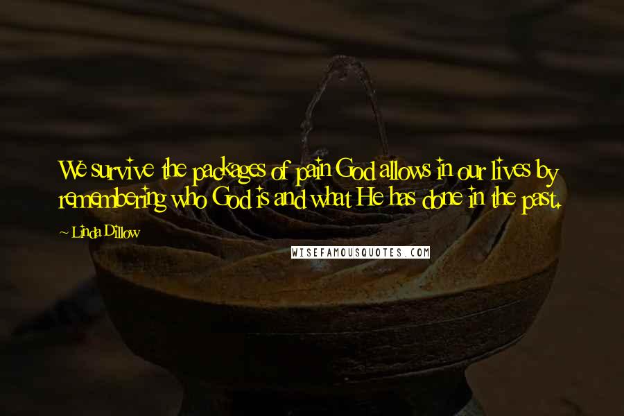 Linda Dillow Quotes: We survive the packages of pain God allows in our lives by remembering who God is and what He has done in the past.