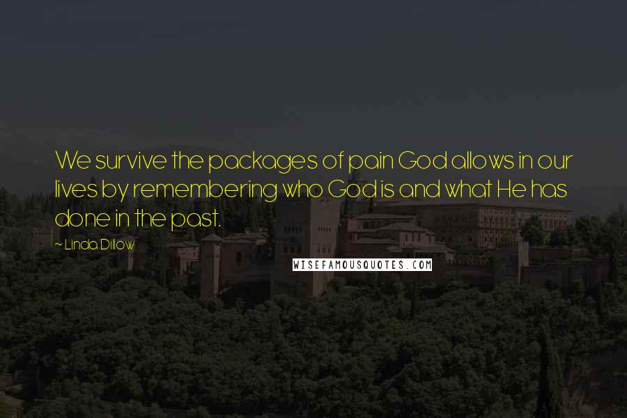 Linda Dillow Quotes: We survive the packages of pain God allows in our lives by remembering who God is and what He has done in the past.