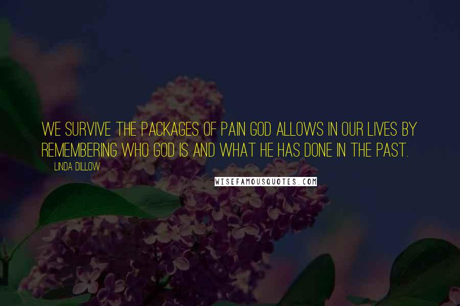 Linda Dillow Quotes: We survive the packages of pain God allows in our lives by remembering who God is and what He has done in the past.