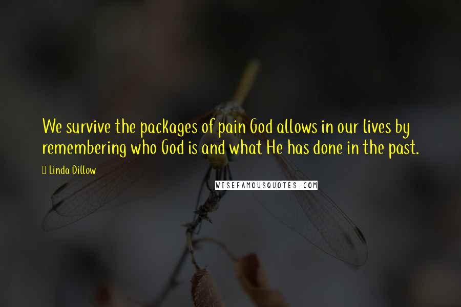 Linda Dillow Quotes: We survive the packages of pain God allows in our lives by remembering who God is and what He has done in the past.