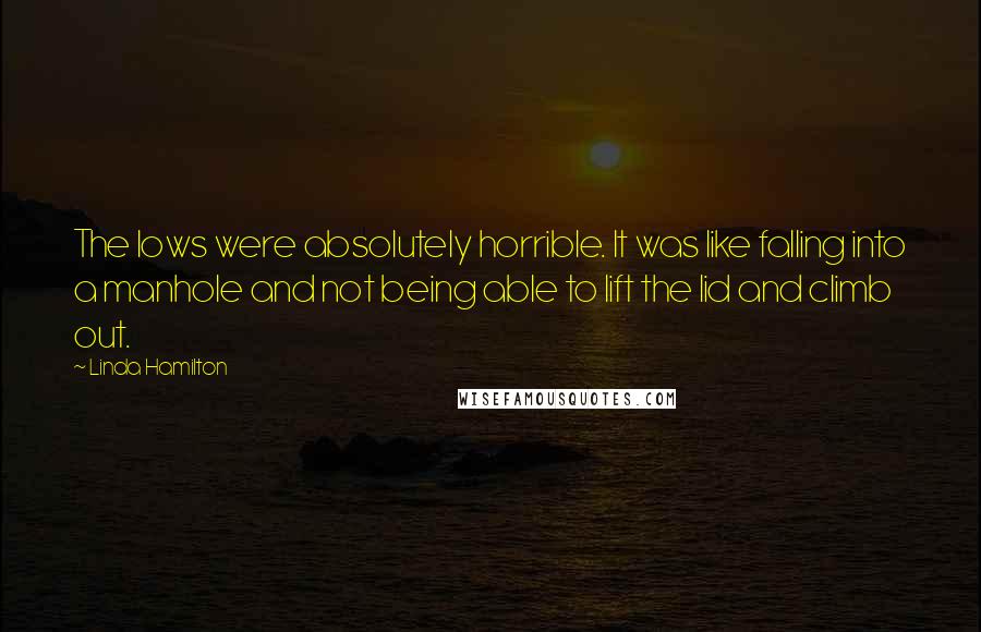 Linda Hamilton Quotes: The lows were absolutely horrible. It was like falling into a manhole and not being able to lift the lid and climb out.