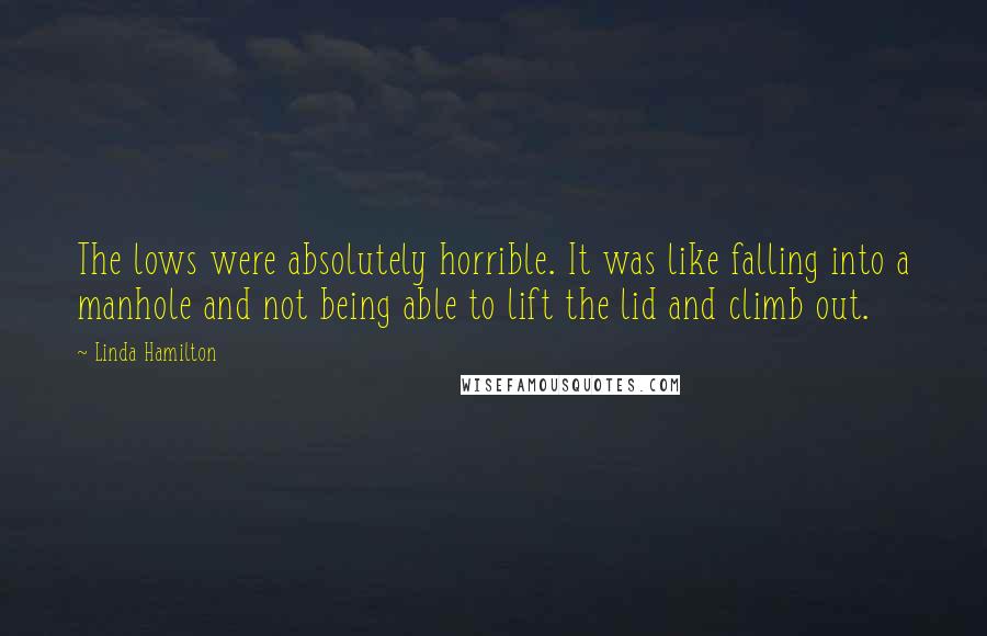 Linda Hamilton Quotes: The lows were absolutely horrible. It was like falling into a manhole and not being able to lift the lid and climb out.