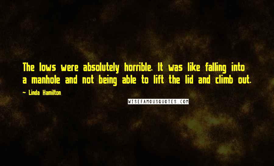 Linda Hamilton Quotes: The lows were absolutely horrible. It was like falling into a manhole and not being able to lift the lid and climb out.