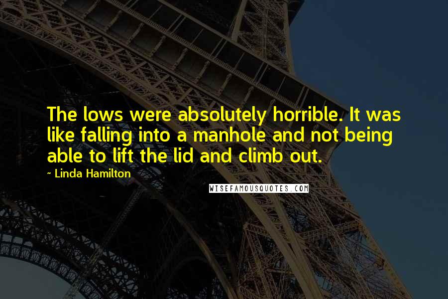 Linda Hamilton Quotes: The lows were absolutely horrible. It was like falling into a manhole and not being able to lift the lid and climb out.