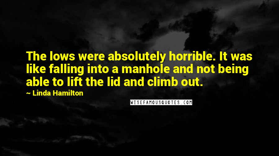 Linda Hamilton Quotes: The lows were absolutely horrible. It was like falling into a manhole and not being able to lift the lid and climb out.