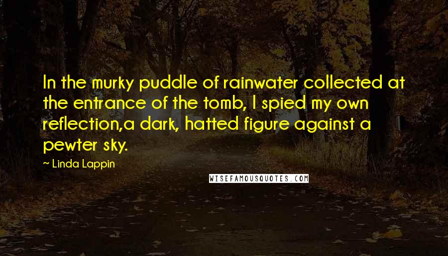 Linda Lappin Quotes: In the murky puddle of rainwater collected at the entrance of the tomb, I spied my own reflection,a dark, hatted figure against a pewter sky.