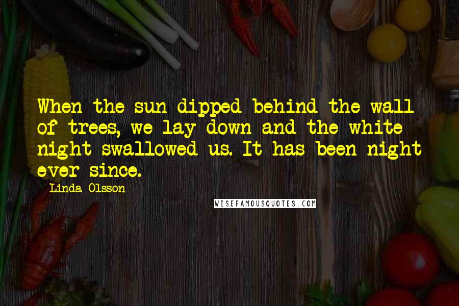 Linda Olsson Quotes: When the sun dipped behind the wall of trees, we lay down and the white night swallowed us. It has been night ever since.