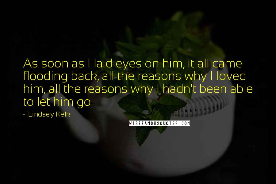 Lindsey Kelk Quotes: As soon as I laid eyes on him, it all came flooding back, all the reasons why I loved him, all the reasons why I hadn't been able to let him go.