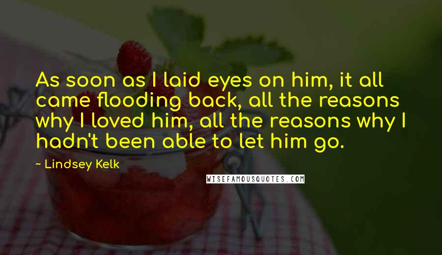 Lindsey Kelk Quotes: As soon as I laid eyes on him, it all came flooding back, all the reasons why I loved him, all the reasons why I hadn't been able to let him go.