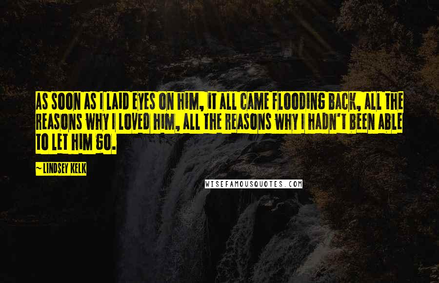 Lindsey Kelk Quotes: As soon as I laid eyes on him, it all came flooding back, all the reasons why I loved him, all the reasons why I hadn't been able to let him go.