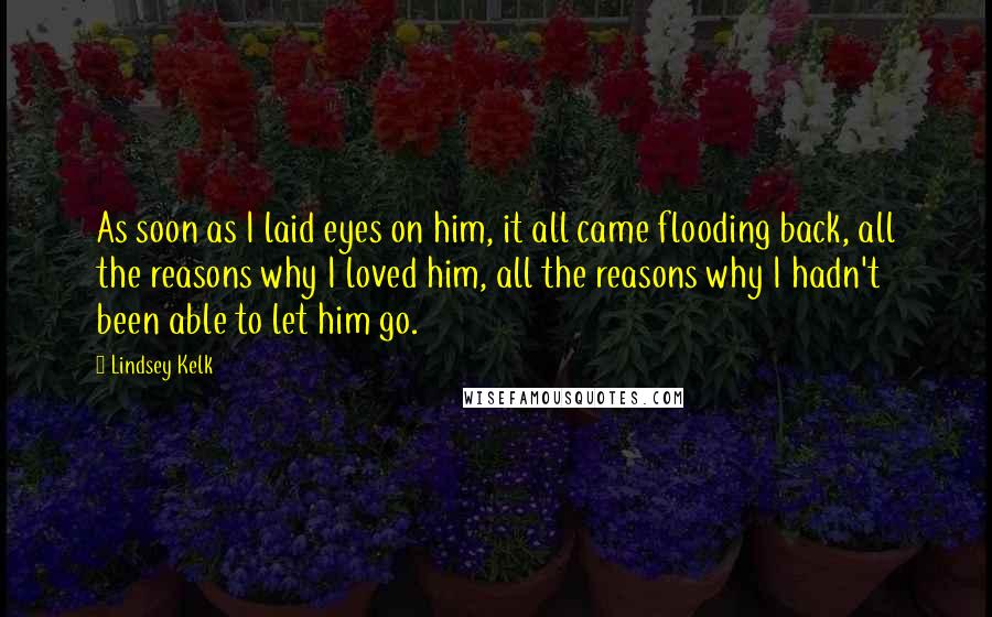 Lindsey Kelk Quotes: As soon as I laid eyes on him, it all came flooding back, all the reasons why I loved him, all the reasons why I hadn't been able to let him go.