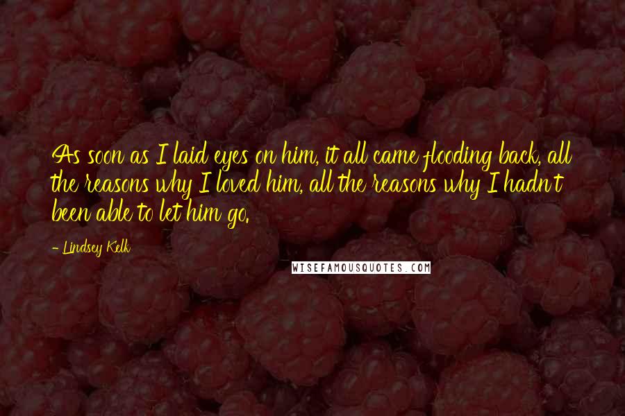 Lindsey Kelk Quotes: As soon as I laid eyes on him, it all came flooding back, all the reasons why I loved him, all the reasons why I hadn't been able to let him go.