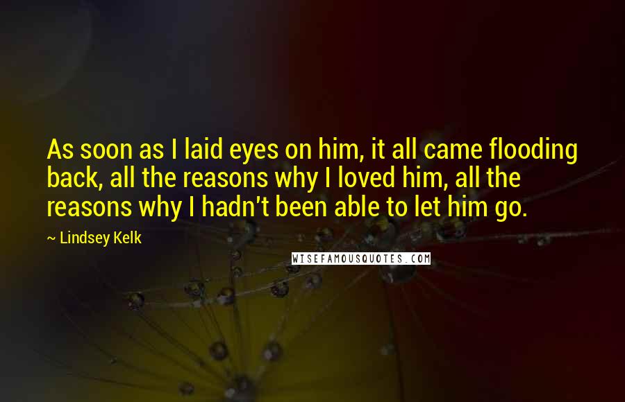 Lindsey Kelk Quotes: As soon as I laid eyes on him, it all came flooding back, all the reasons why I loved him, all the reasons why I hadn't been able to let him go.