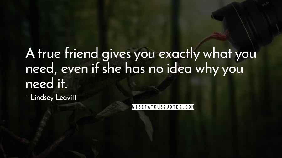 Lindsey Leavitt Quotes: A true friend gives you exactly what you need, even if she has no idea why you need it.