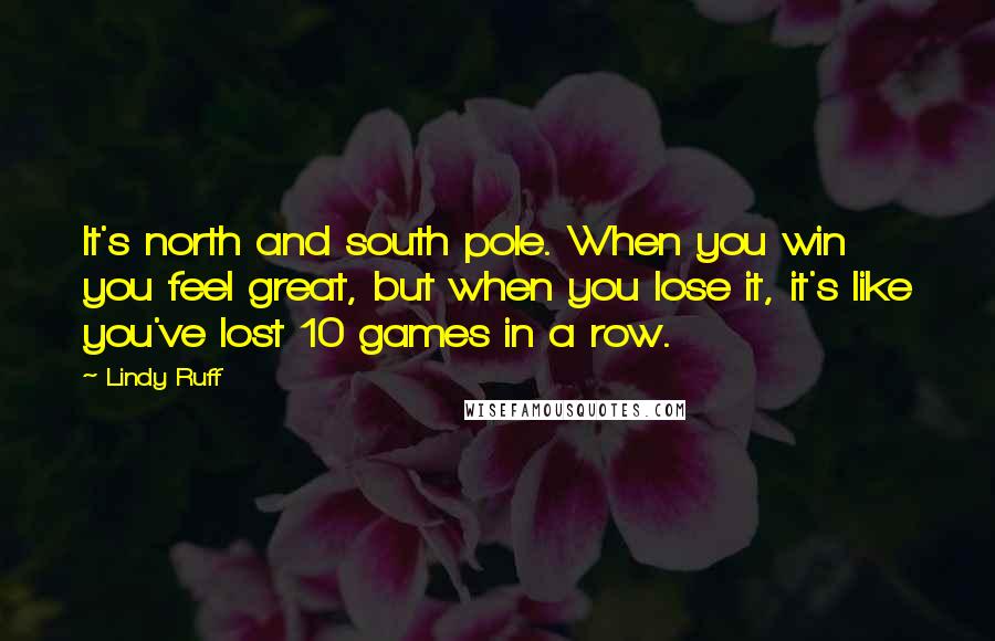 Lindy Ruff Quotes: It's north and south pole. When you win you feel great, but when you lose it, it's like you've lost 10 games in a row.