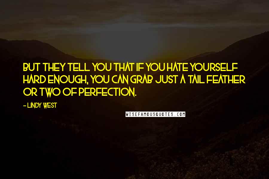 Lindy West Quotes: but they tell you that if you hate yourself hard enough, you can grab just a tail feather or two of perfection.