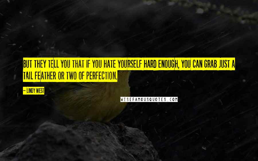 Lindy West Quotes: but they tell you that if you hate yourself hard enough, you can grab just a tail feather or two of perfection.