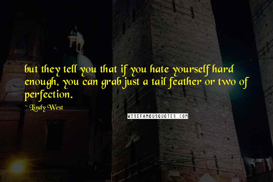 Lindy West Quotes: but they tell you that if you hate yourself hard enough, you can grab just a tail feather or two of perfection.