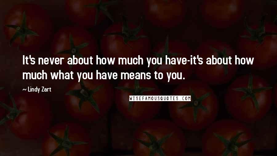 Lindy Zart Quotes: It's never about how much you have-it's about how much what you have means to you.