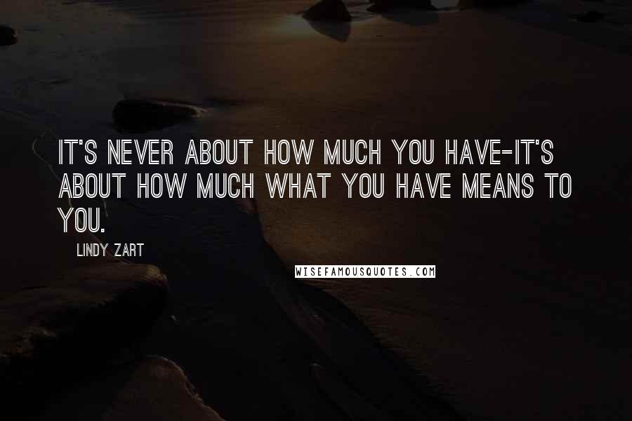 Lindy Zart Quotes: It's never about how much you have-it's about how much what you have means to you.