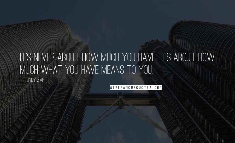 Lindy Zart Quotes: It's never about how much you have-it's about how much what you have means to you.