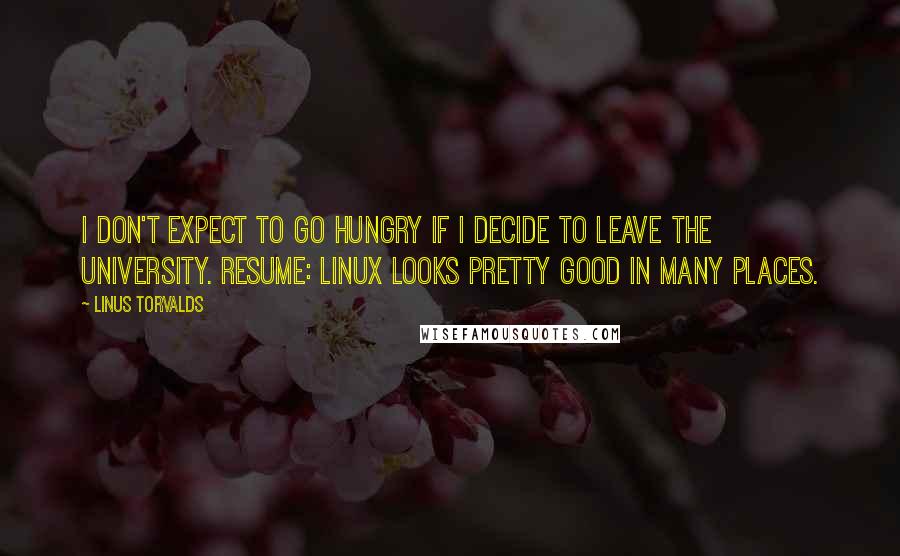 Linus Torvalds Quotes: I don't expect to go hungry if I decide to leave the University. Resume: Linux looks pretty good in many places.