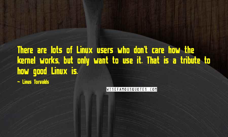 Linus Torvalds Quotes: There are lots of Linux users who don't care how the kernel works, but only want to use it. That is a tribute to how good Linux is.