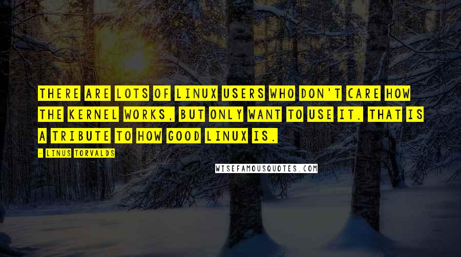 Linus Torvalds Quotes: There are lots of Linux users who don't care how the kernel works, but only want to use it. That is a tribute to how good Linux is.