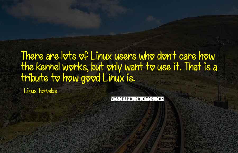 Linus Torvalds Quotes: There are lots of Linux users who don't care how the kernel works, but only want to use it. That is a tribute to how good Linux is.