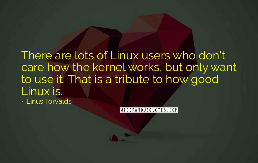 Linus Torvalds Quotes: There are lots of Linux users who don't care how the kernel works, but only want to use it. That is a tribute to how good Linux is.