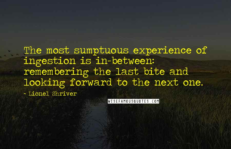 Lionel Shriver Quotes: The most sumptuous experience of ingestion is in-between: remembering the last bite and looking forward to the next one.