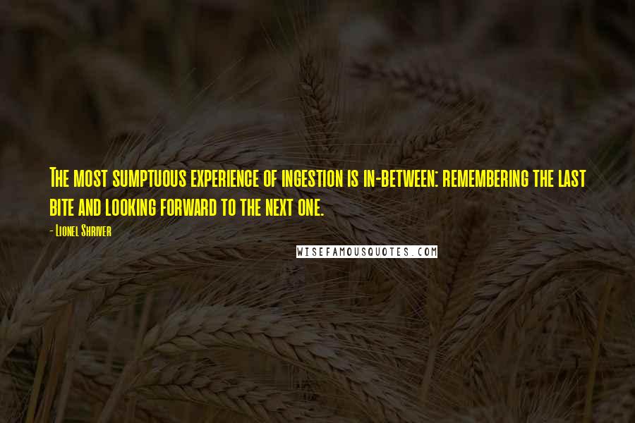 Lionel Shriver Quotes: The most sumptuous experience of ingestion is in-between: remembering the last bite and looking forward to the next one.