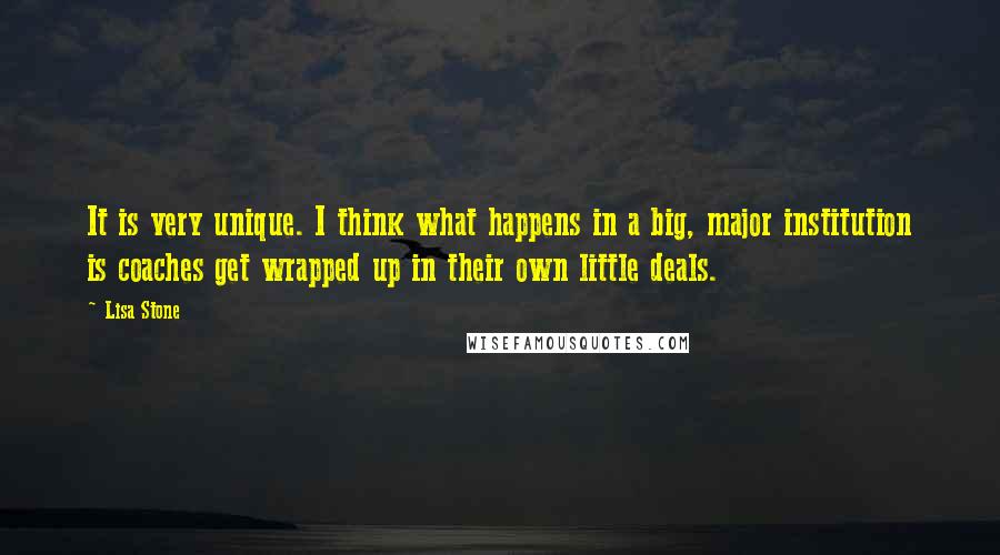 Lisa Stone Quotes: It is very unique. I think what happens in a big, major institution is coaches get wrapped up in their own little deals.