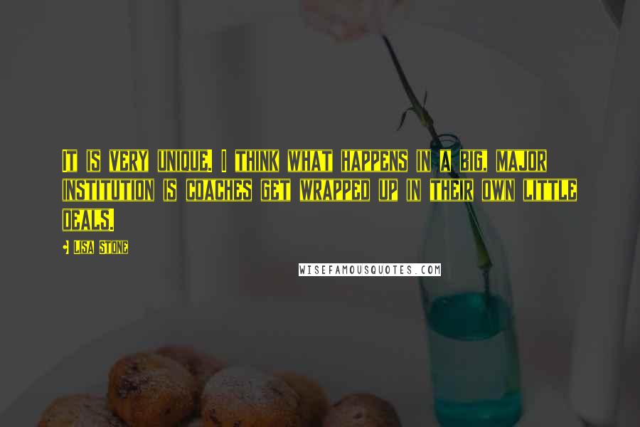 Lisa Stone Quotes: It is very unique. I think what happens in a big, major institution is coaches get wrapped up in their own little deals.