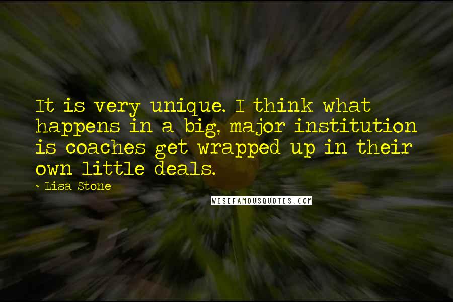 Lisa Stone Quotes: It is very unique. I think what happens in a big, major institution is coaches get wrapped up in their own little deals.