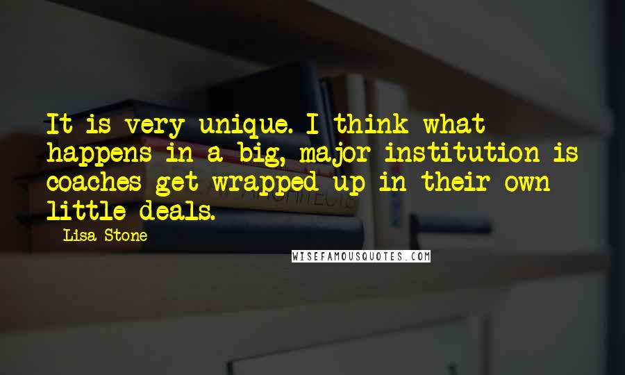 Lisa Stone Quotes: It is very unique. I think what happens in a big, major institution is coaches get wrapped up in their own little deals.