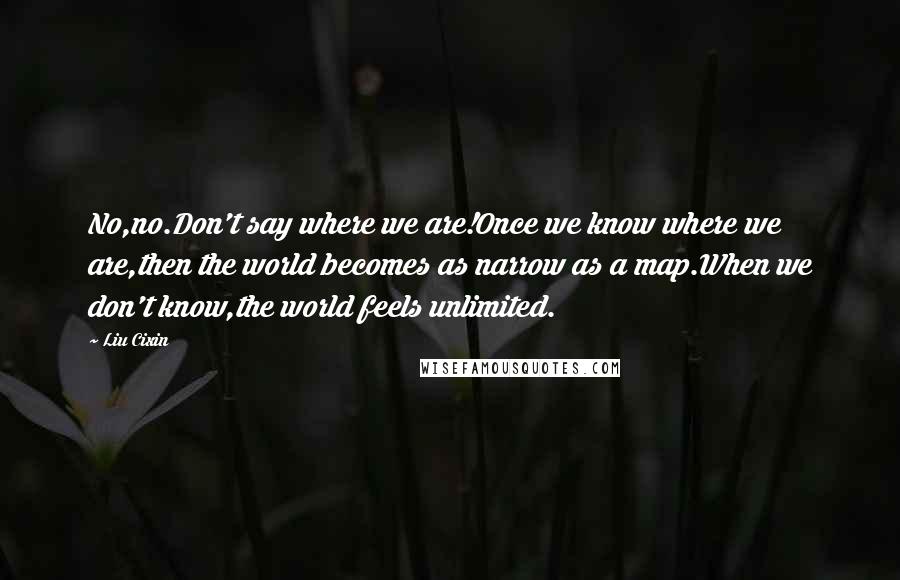 Liu Cixin Quotes: No,no.Don't say where we are!Once we know where we are,then the world becomes as narrow as a map.When we don't know,the world feels unlimited.