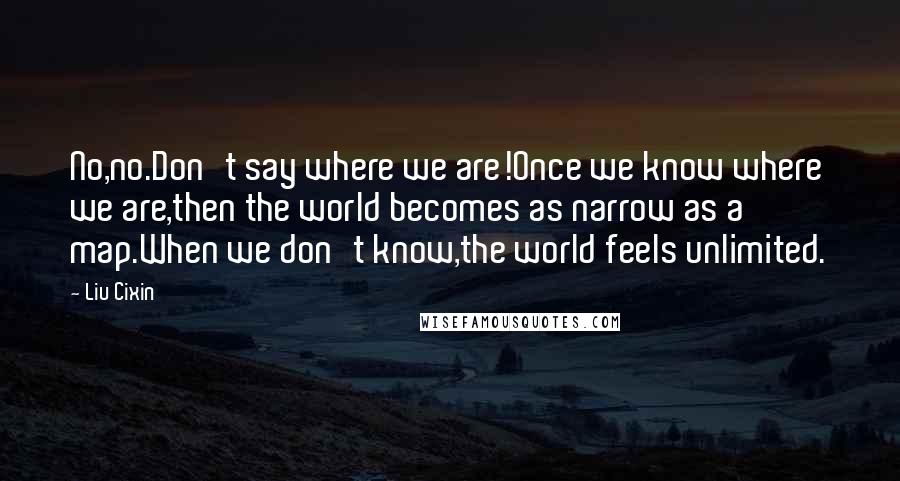 Liu Cixin Quotes: No,no.Don't say where we are!Once we know where we are,then the world becomes as narrow as a map.When we don't know,the world feels unlimited.