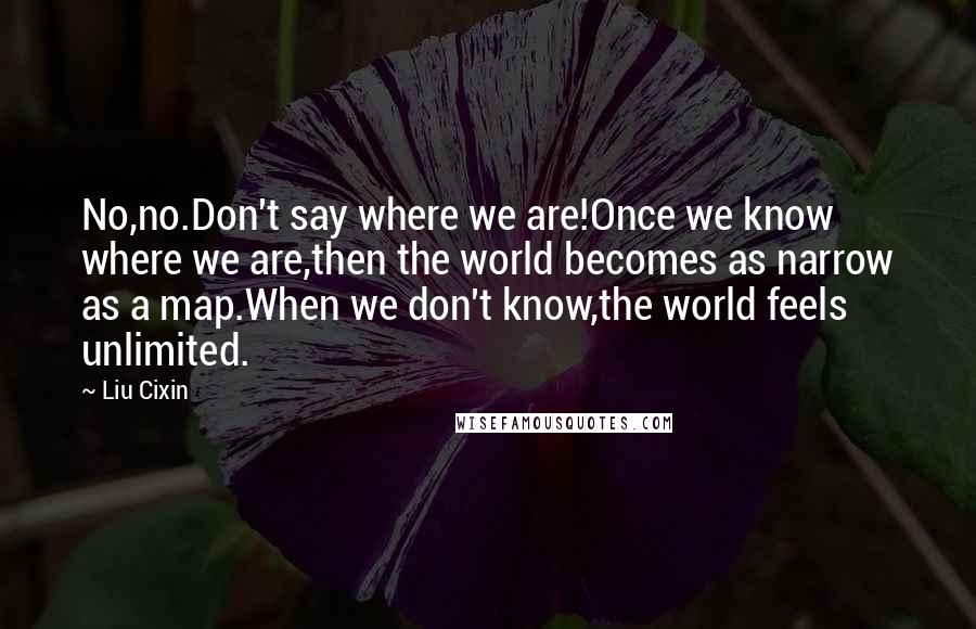 Liu Cixin Quotes: No,no.Don't say where we are!Once we know where we are,then the world becomes as narrow as a map.When we don't know,the world feels unlimited.