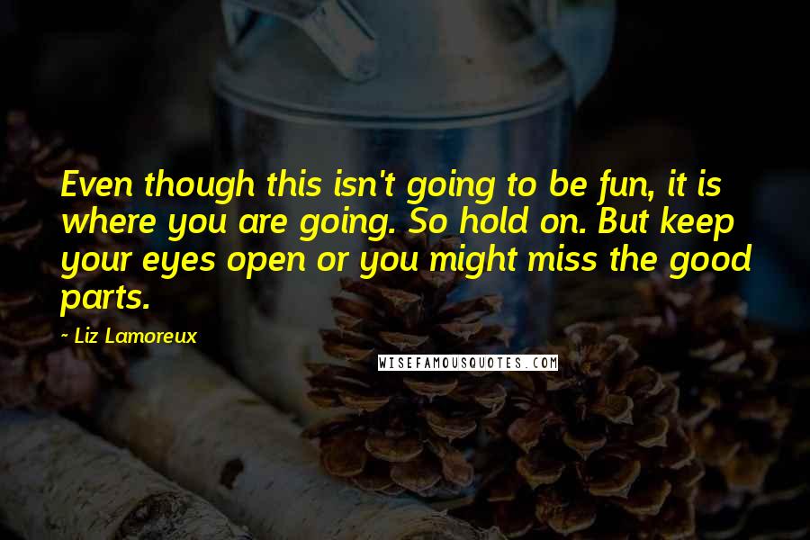 Liz Lamoreux Quotes: Even though this isn't going to be fun, it is where you are going. So hold on. But keep your eyes open or you might miss the good parts.