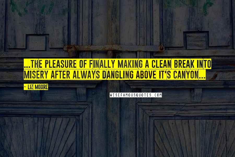 Liz Moore Quotes: ...the pleasure of finally making a clean break into misery after always dangling above it's canyon...