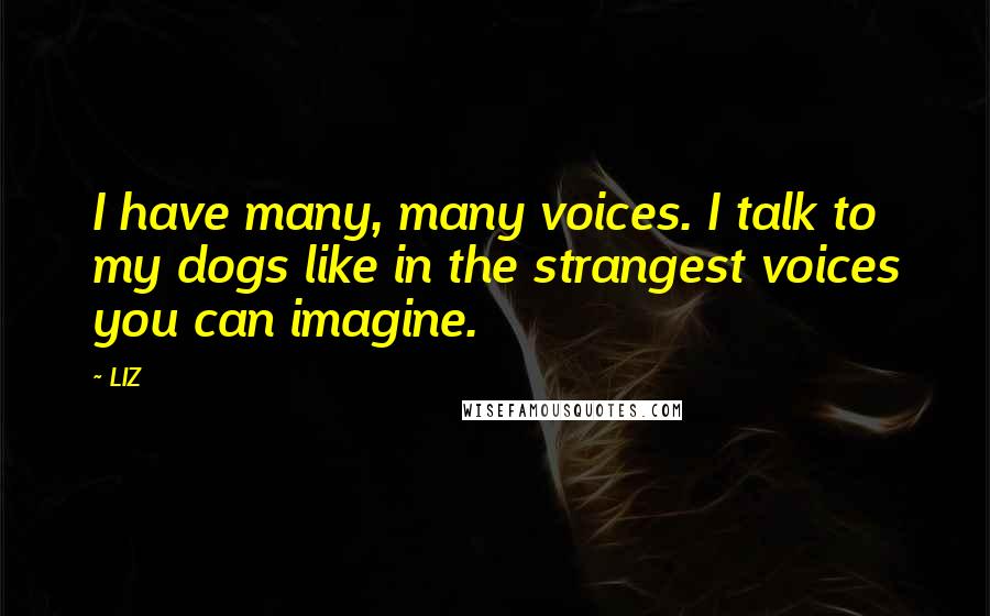 LIZ Quotes: I have many, many voices. I talk to my dogs like in the strangest voices you can imagine.