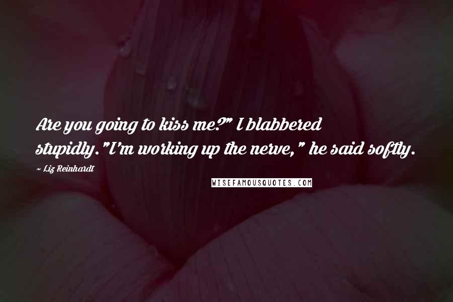 Liz Reinhardt Quotes: Are you going to kiss me?" I blabbered stupidly."I'm working up the nerve," he said softly.